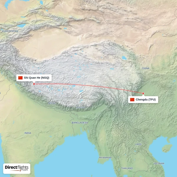 Shi Quan He - Chengdu direct flight map