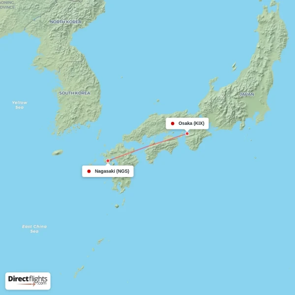 Nagasaki - Osaka direct flight map