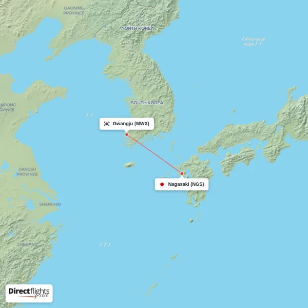 Nagasaki - Gwangju direct flight map
