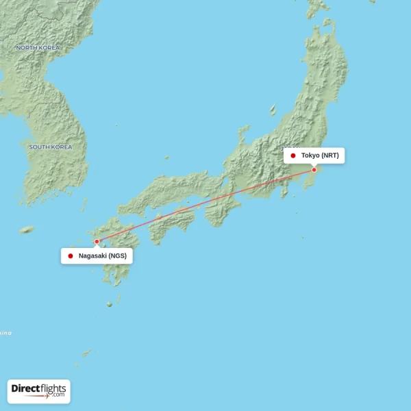 Nagasaki - Tokyo direct flight map