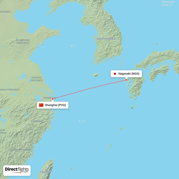 Nagasaki - Shanghai direct flight map
