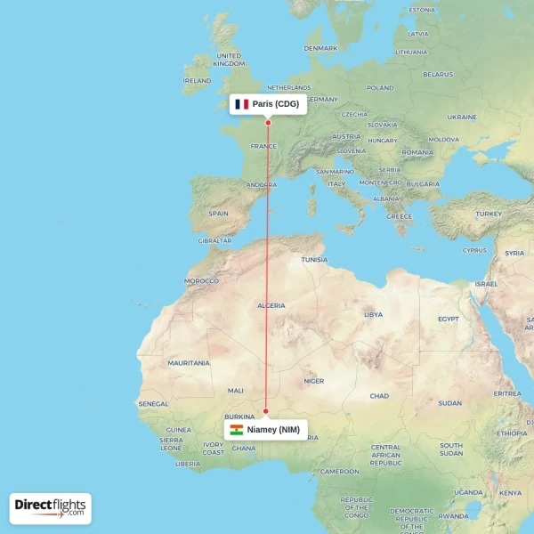 Niamey - Paris direct flight map