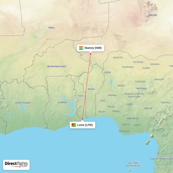 Niamey - Lome direct flight map