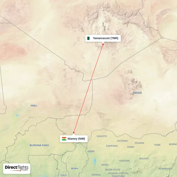 Niamey - Tamanrasset direct flight map