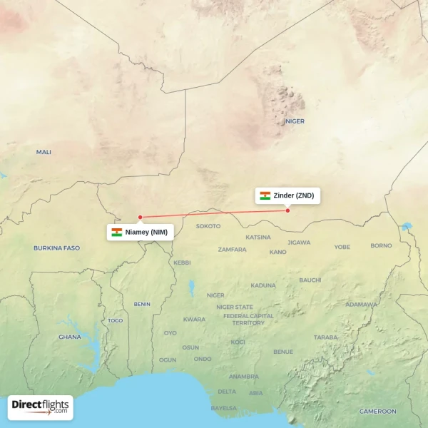 Niamey - Zinder direct flight map