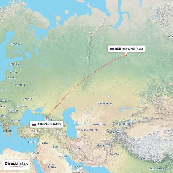 Nizhnevartovsk - Adler/Sochi direct flight map