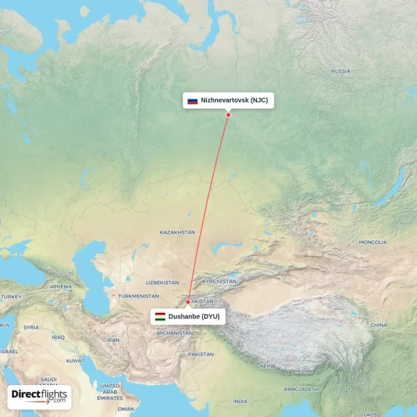 Nizhnevartovsk - Dushanbe direct flight map