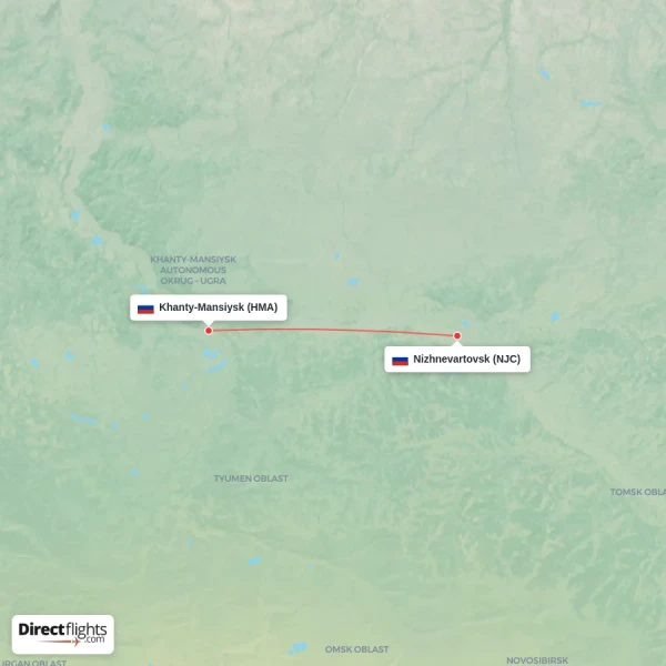 Nizhnevartovsk - Khanty-Mansiysk direct flight map