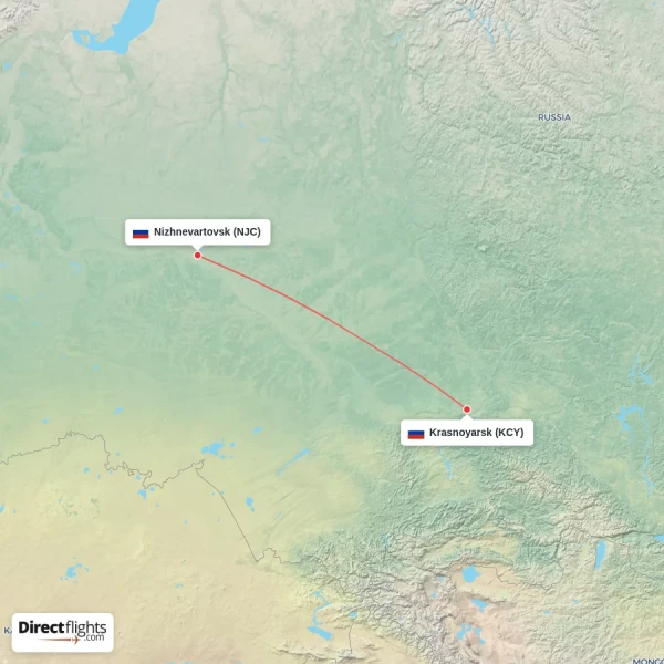 Nizhnevartovsk - Krasnoyarsk direct flight map