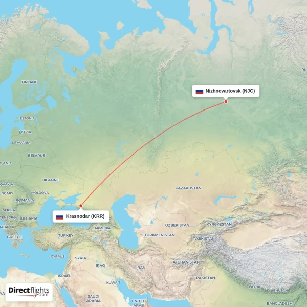 Nizhnevartovsk - Krasnodar direct flight map