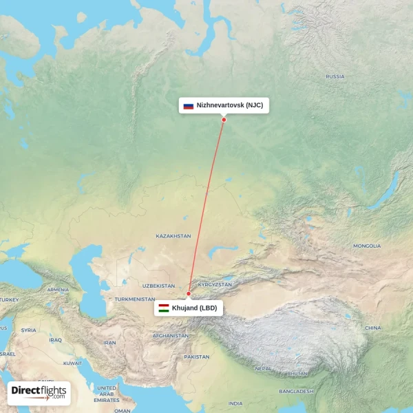 Nizhnevartovsk - Khujand direct flight map