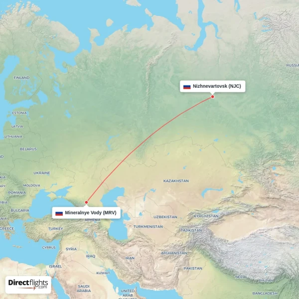 Nizhnevartovsk - Mineralnye Vody direct flight map