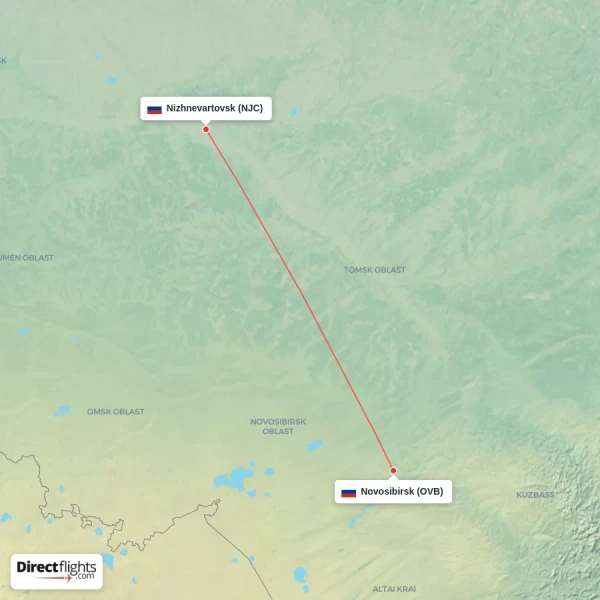 Nizhnevartovsk - Novosibirsk direct flight map