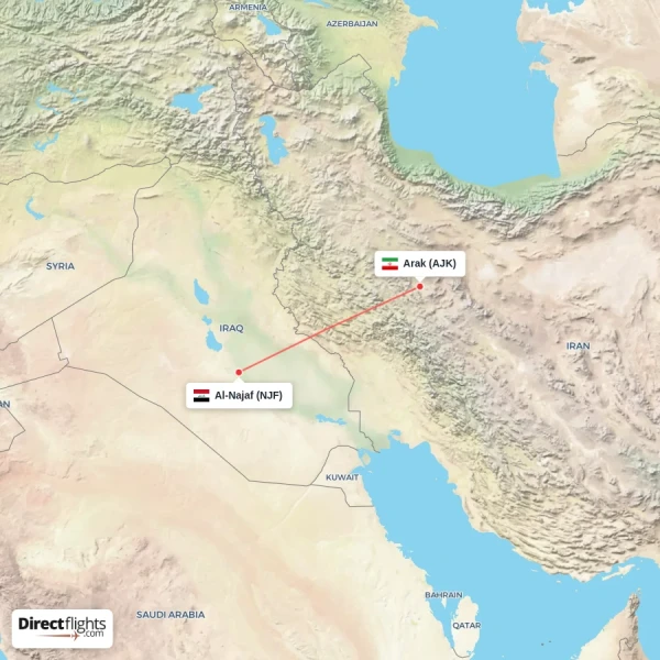 Al-Najaf - Arak direct flight map