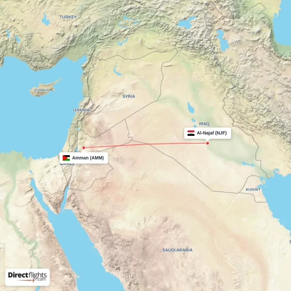 Al-Najaf - Amman direct flight map