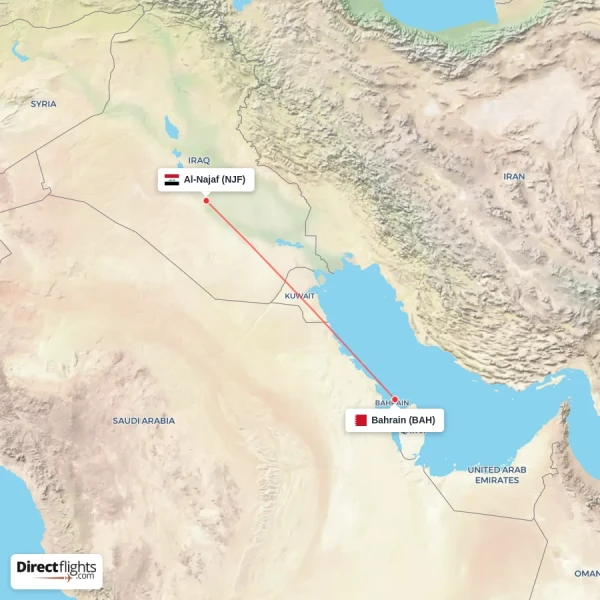 Al-Najaf - Bahrain direct flight map