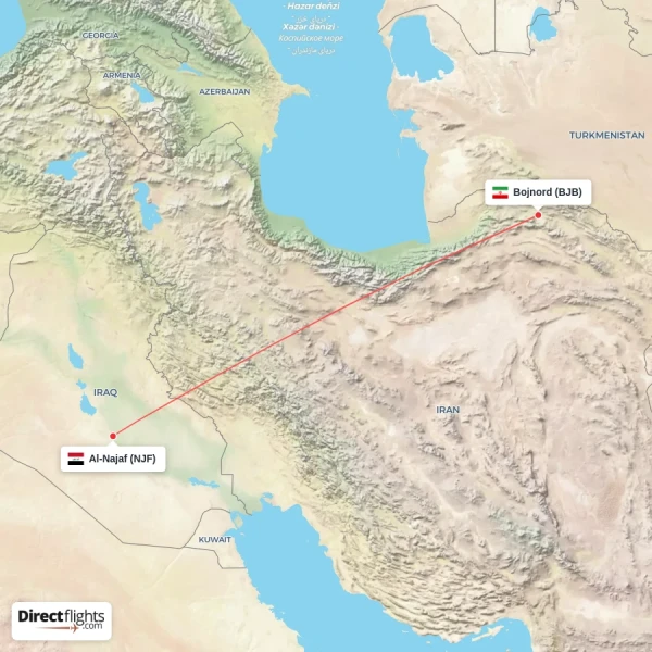 Al-Najaf - Bojnord direct flight map