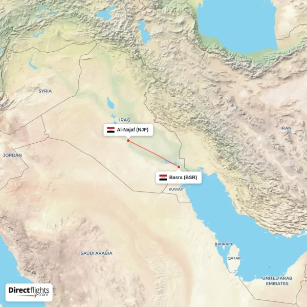 Al-Najaf - Basra direct flight map
