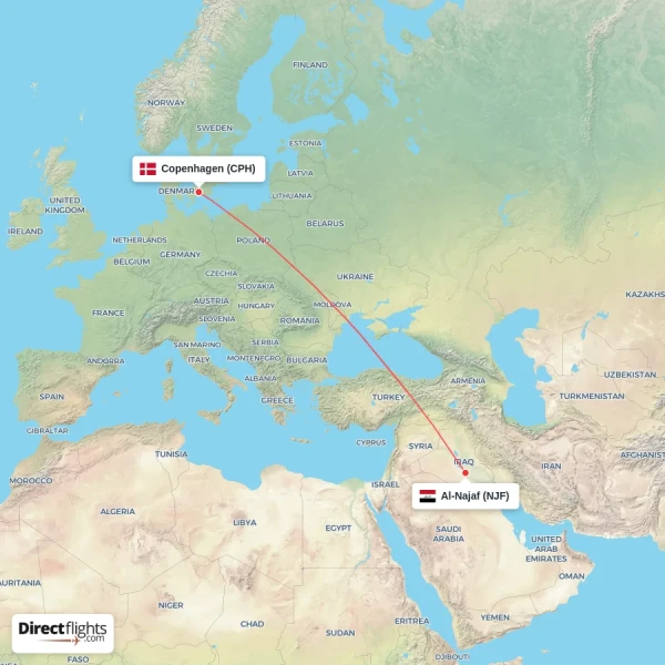 Al-Najaf - Copenhagen direct flight map