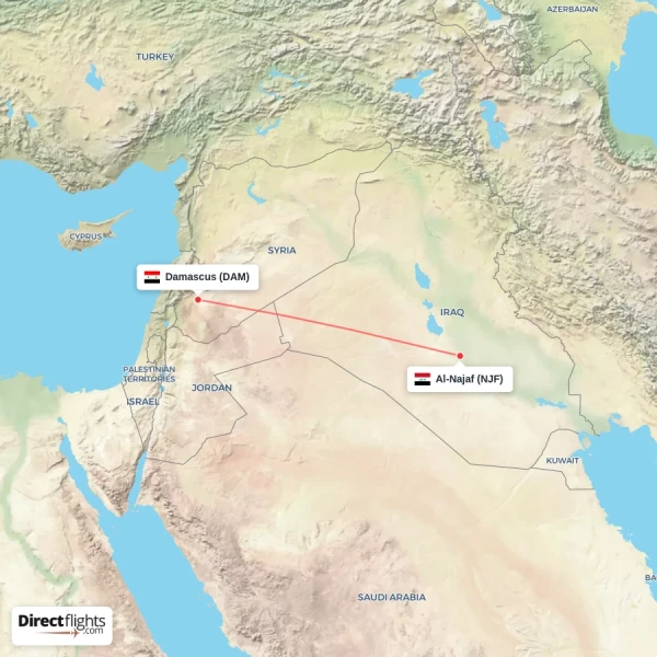 Al-Najaf - Damascus direct flight map