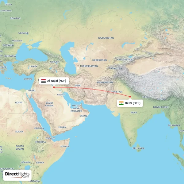 Al-Najaf - Delhi direct flight map