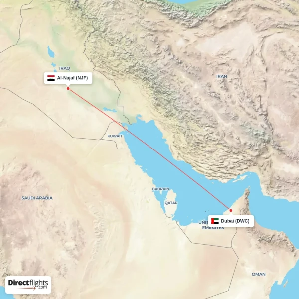 Al-Najaf - Dubai direct flight map