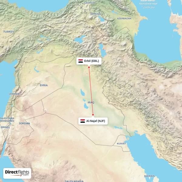Al-Najaf - Erbil direct flight map