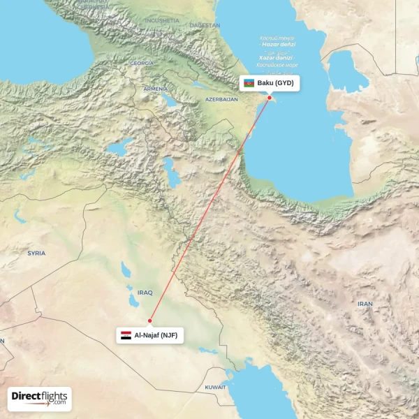 Al-Najaf - Baku direct flight map