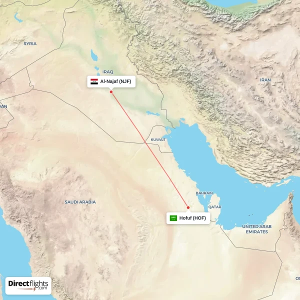 Al-Najaf - Hofuf direct flight map