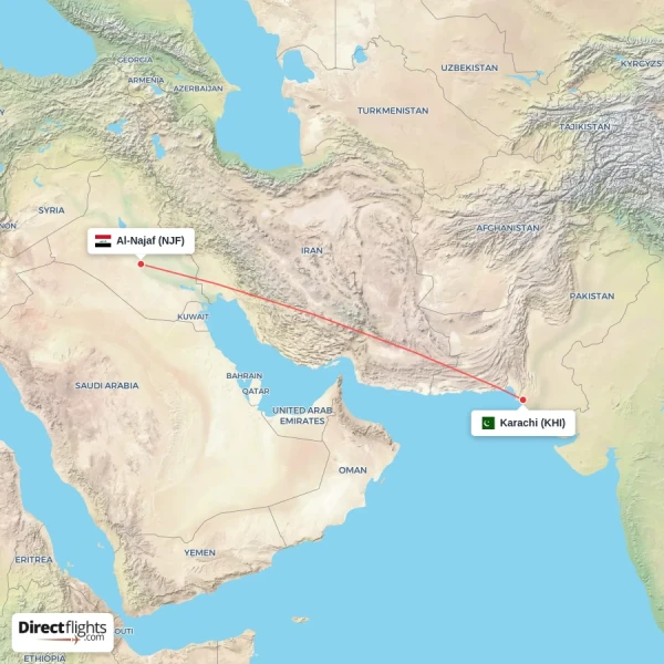Al-Najaf - Karachi direct flight map