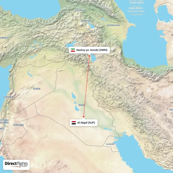 Al-Najaf - Nazluy-ye Jonubi direct flight map