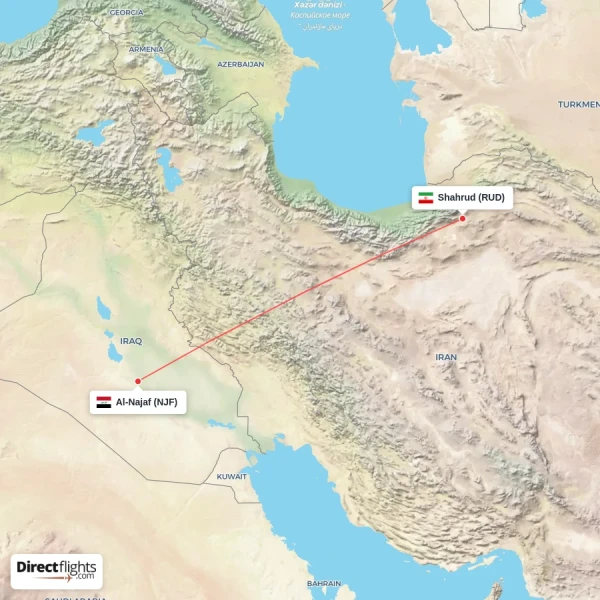 Al-Najaf - Shahrud direct flight map