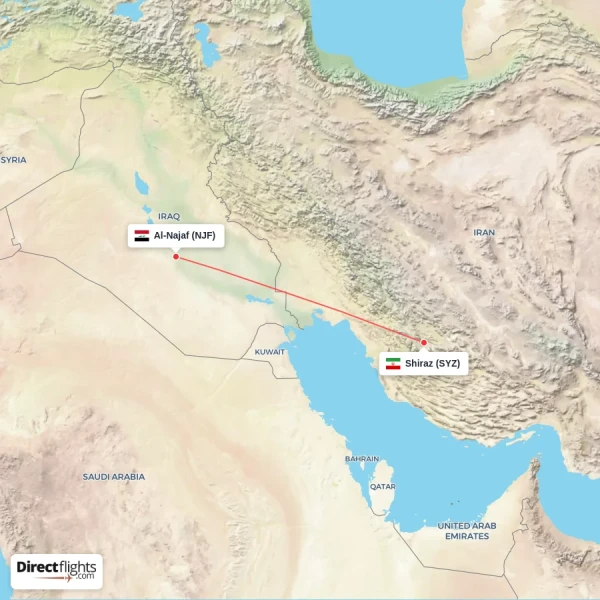Al-Najaf - Shiraz direct flight map