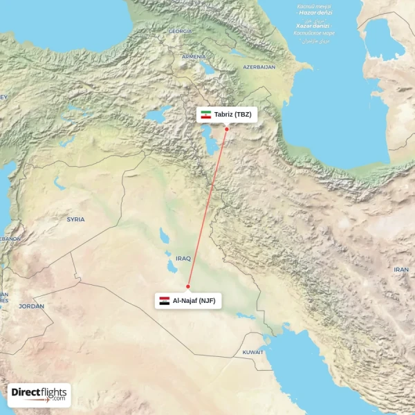 Al-Najaf - Tabriz direct flight map