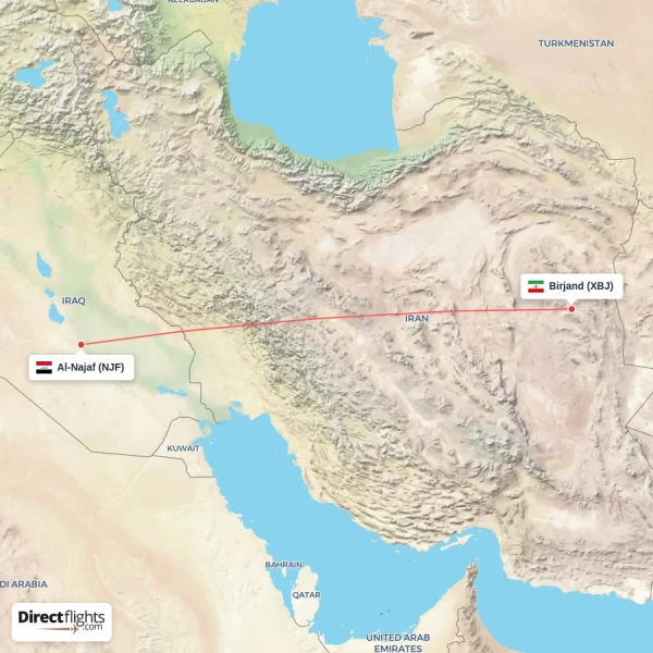 Al-Najaf - Birjand direct flight map