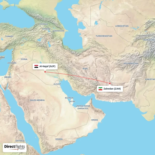 Al-Najaf - Zahedan direct flight map