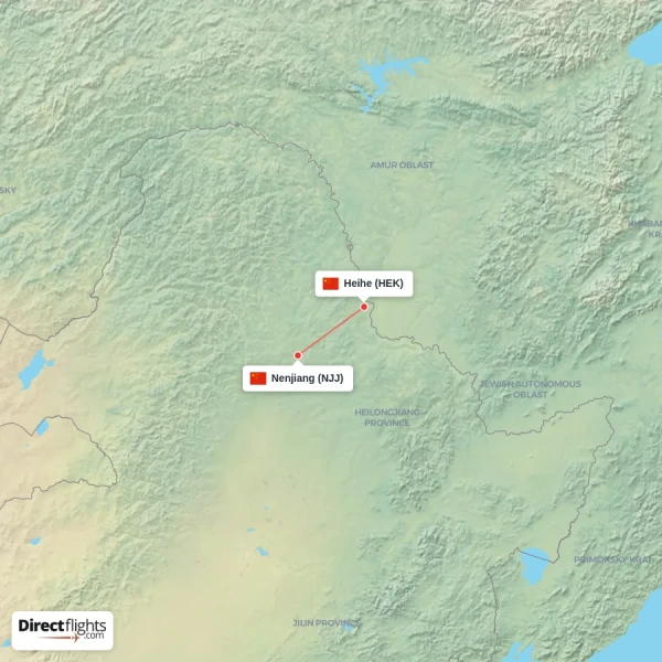Nenjiang - Heihe direct flight map
