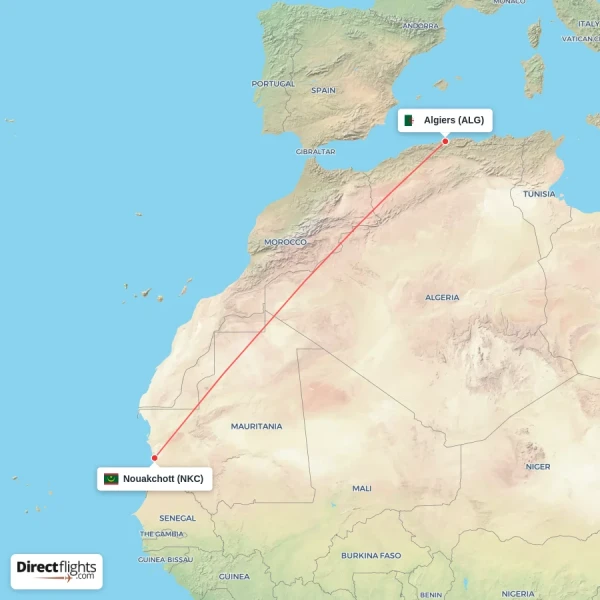 Nouakchott - Algiers direct flight map