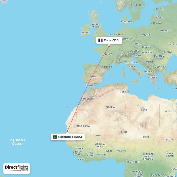 Nouakchott - Paris direct flight map