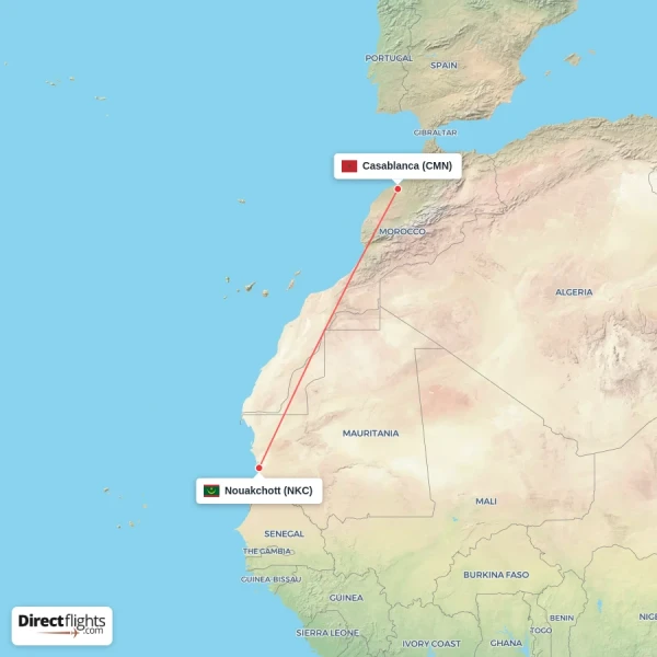 Nouakchott - Casablanca direct flight map