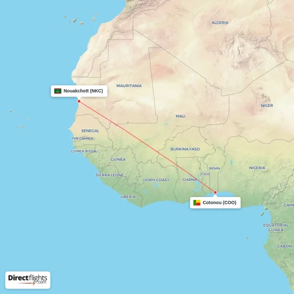 Nouakchott - Cotonou direct flight map