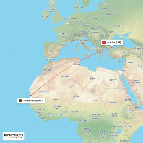 Nouakchott - Istanbul direct flight map