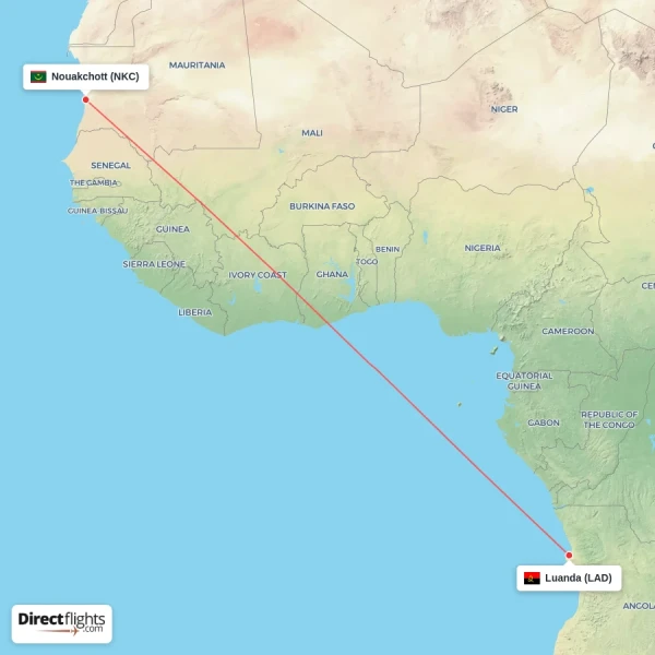 Nouakchott - Luanda direct flight map