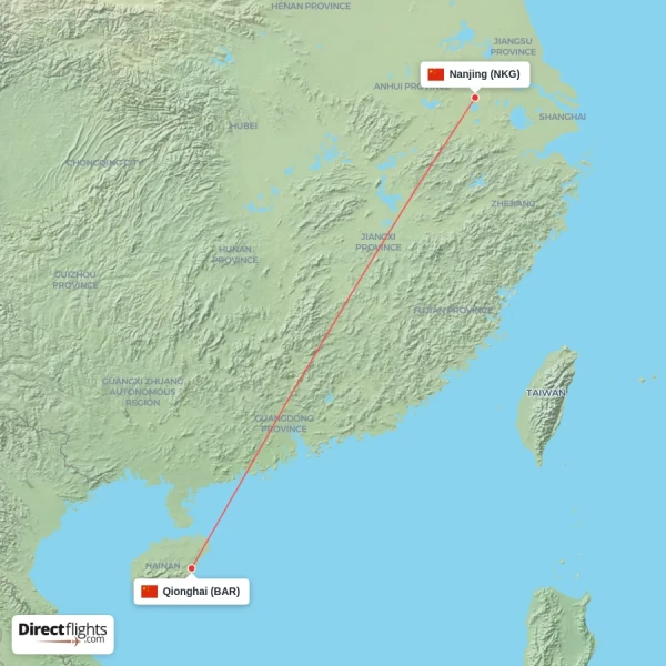 Nanjing - Qionghai direct flight map