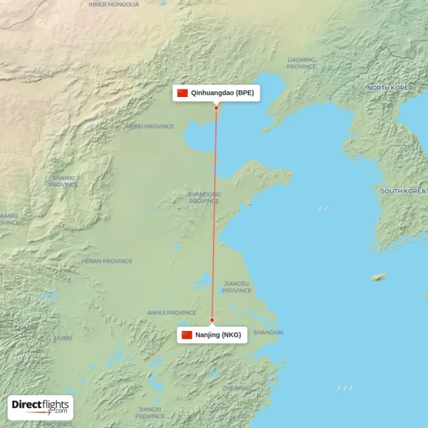 Nanjing - Qinhuangdao direct flight map