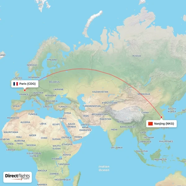Nanjing - Paris direct flight map