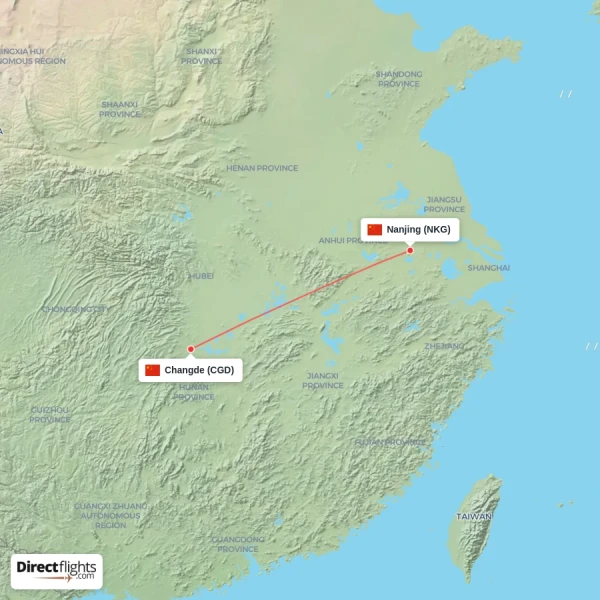 Nanjing - Changde direct flight map