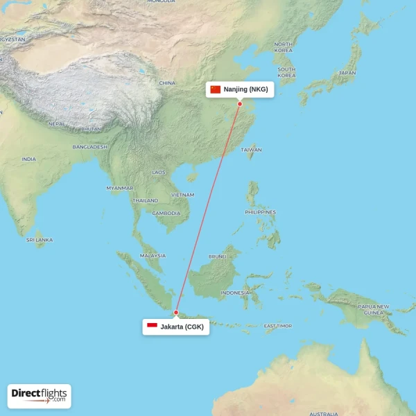 Nanjing - Jakarta direct flight map