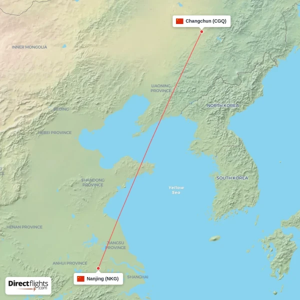 Nanjing - Changchun direct flight map