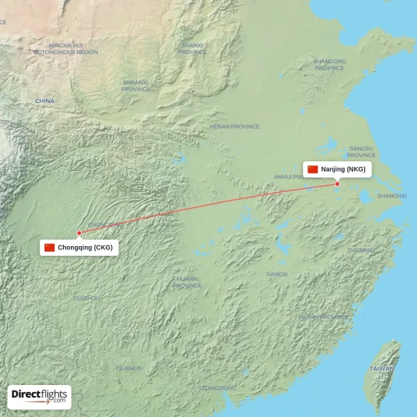 Nanjing - Chongqing direct flight map